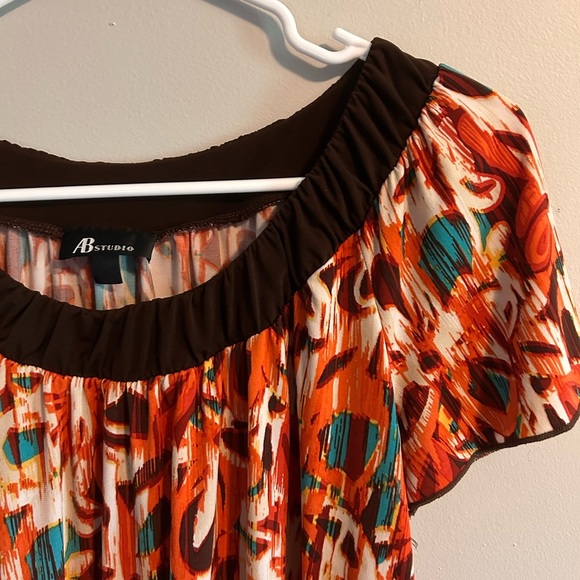 Y2K AB Studio Orange and Brown Floral Short Sleeve Blouse - Picture 2 of 4